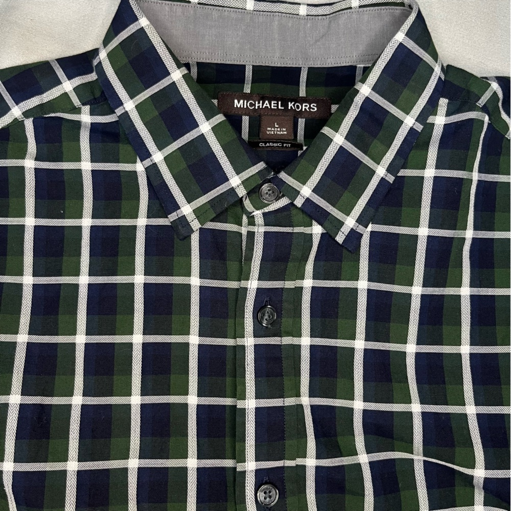 Michael Kors Shirt Men's Button Up Long Sleeve Classic Fit Green Plaid  Size L
